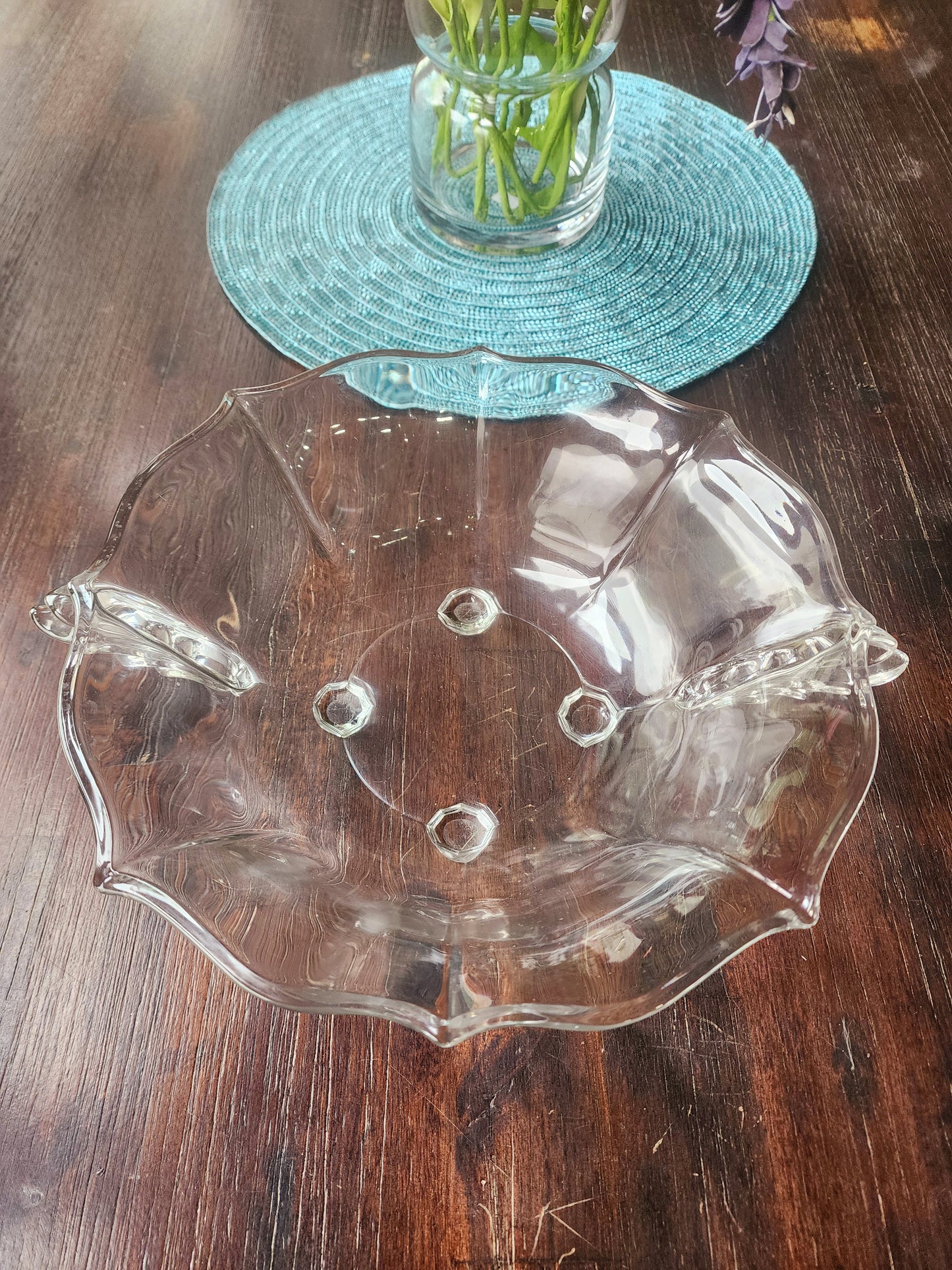 Vintage Clear Glass Serving Bowl Round Design With Flute Design On Side