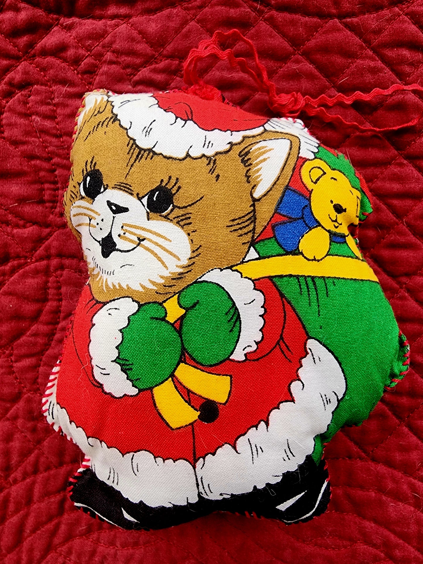 4 Vintage 1970's Fabric Handmade Stuffed Bunny & Cats Christmas Ornaments