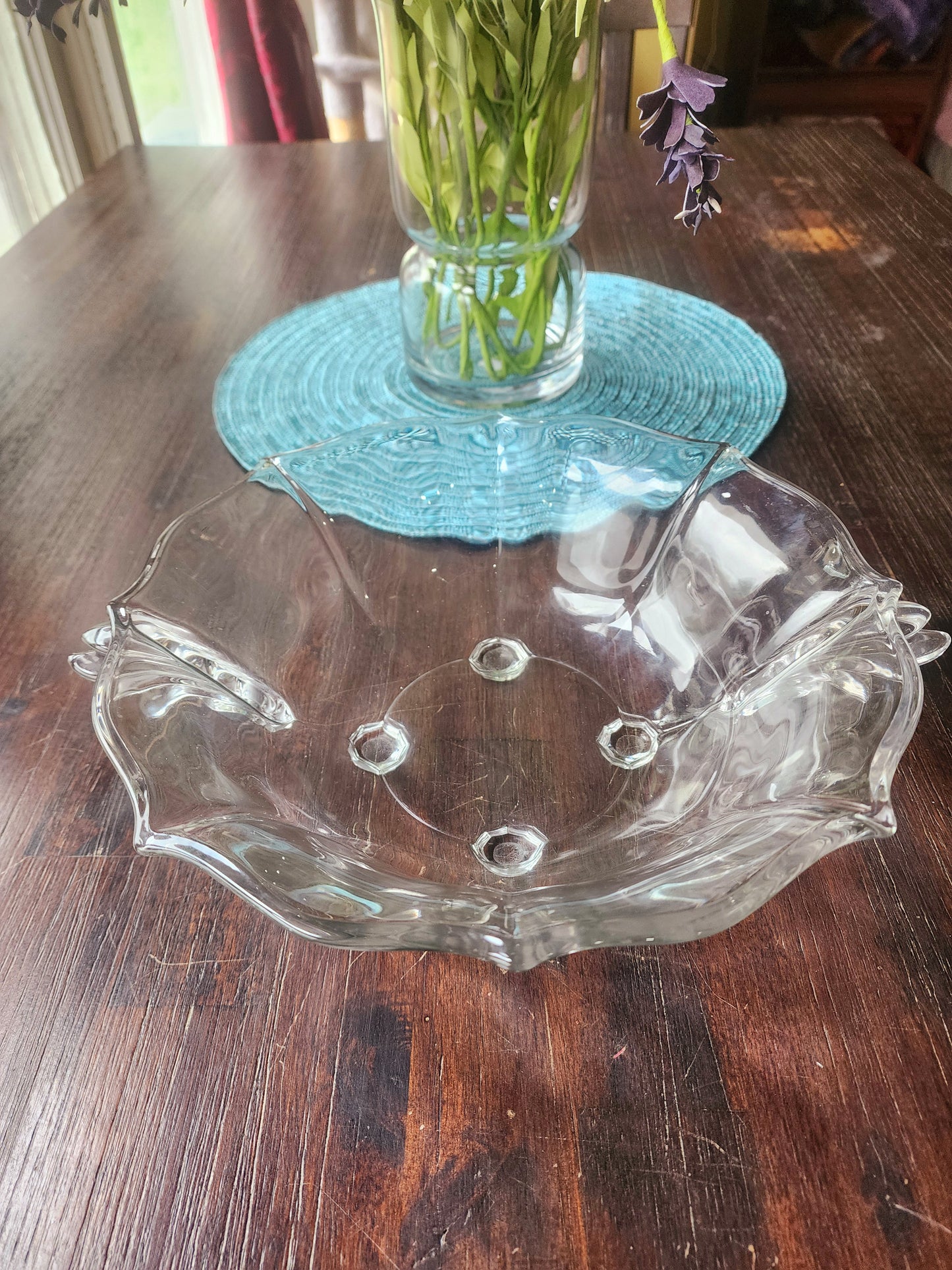 Vintage Clear Glass Serving Bowl Round Design With Flute Design On Side