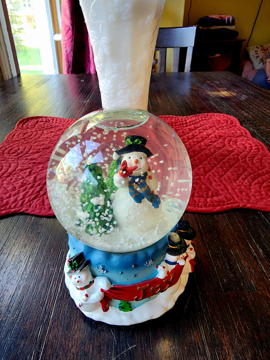 Vintage Christmas Snowman with Cardinal Snow Globe Music Box "Joy" on the side