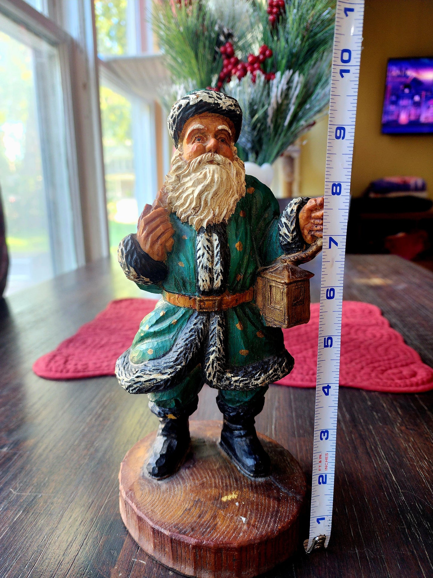 Wooden Vintage Folk Art Green Suit Santa Holding Lantern and Sack of Toys