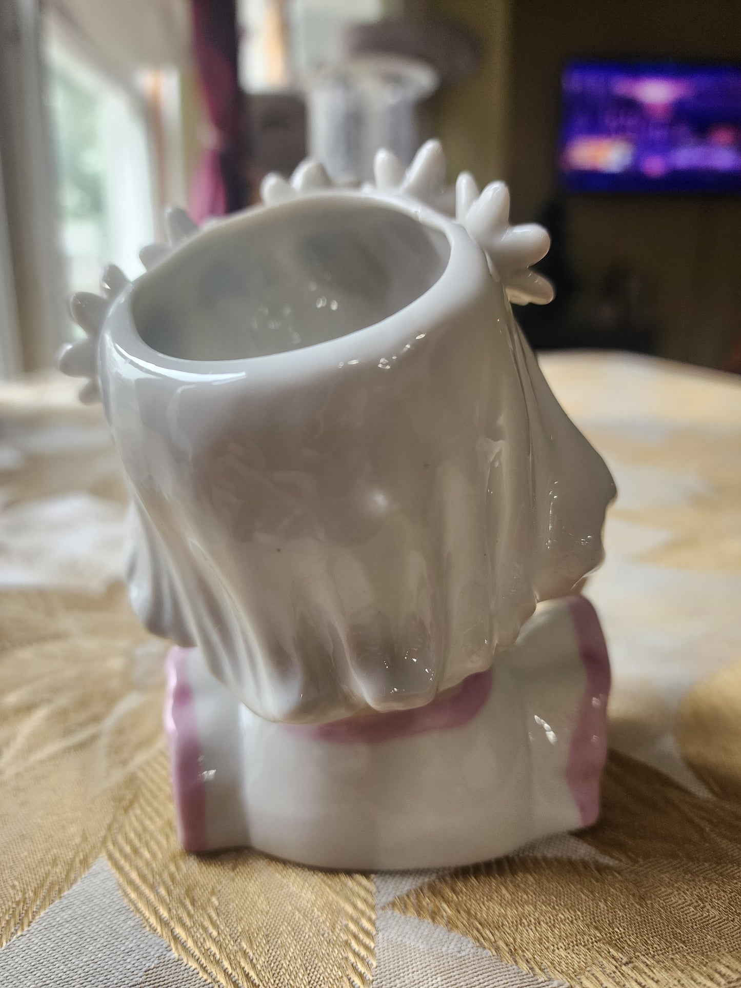 Vintage Napco Head Vase Girl with Floral Crown, Bow, Pink and White Dress 1950s
