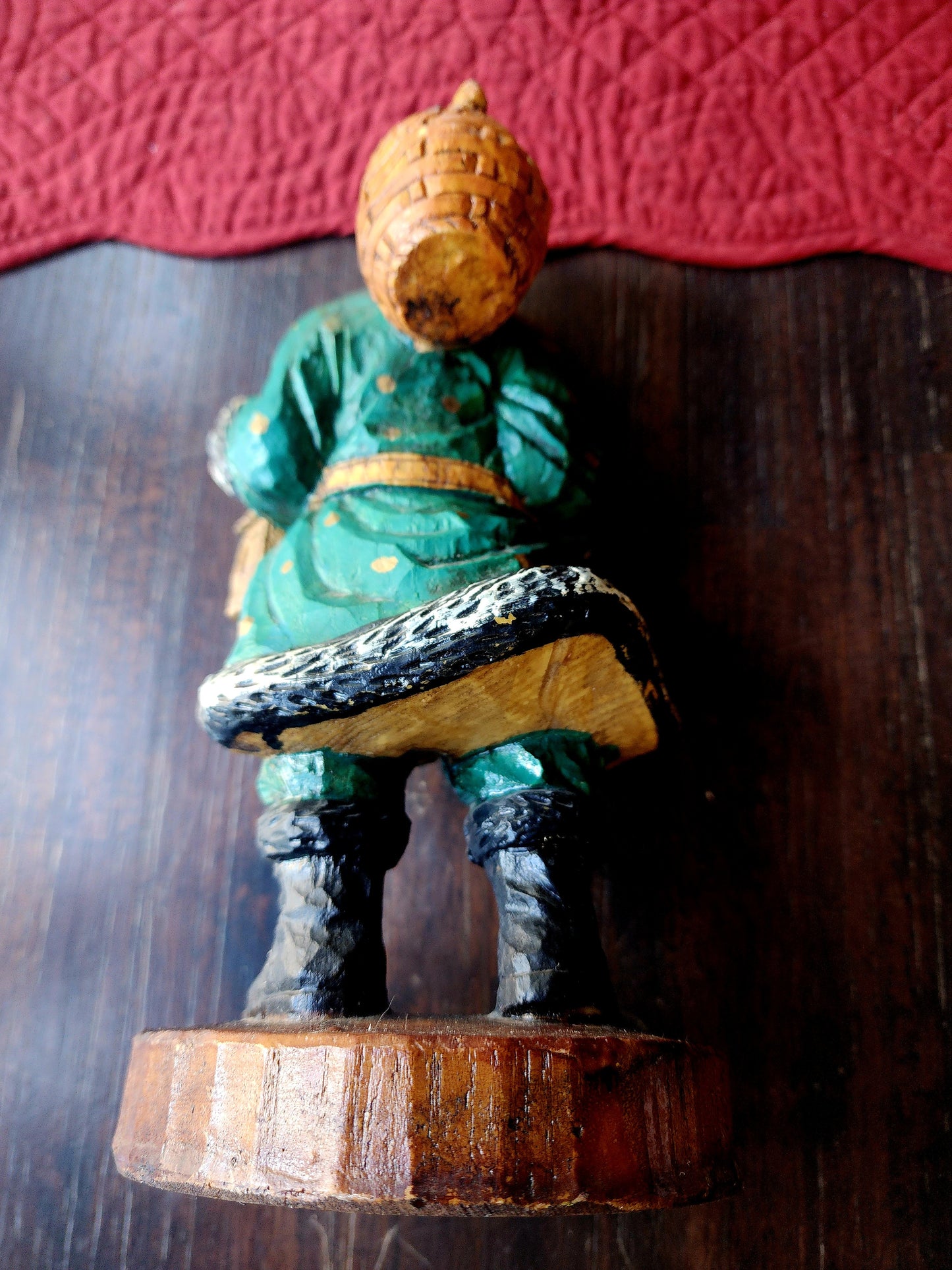 Wooden Vintage Folk Art Green Suit Santa Holding Lantern and Sack of Toys