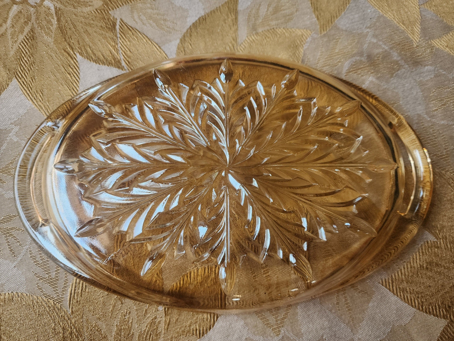 Vintage Amber Pressed Oval Glass Relish Tray Snowflake Embossed Pattern 10" x 6"