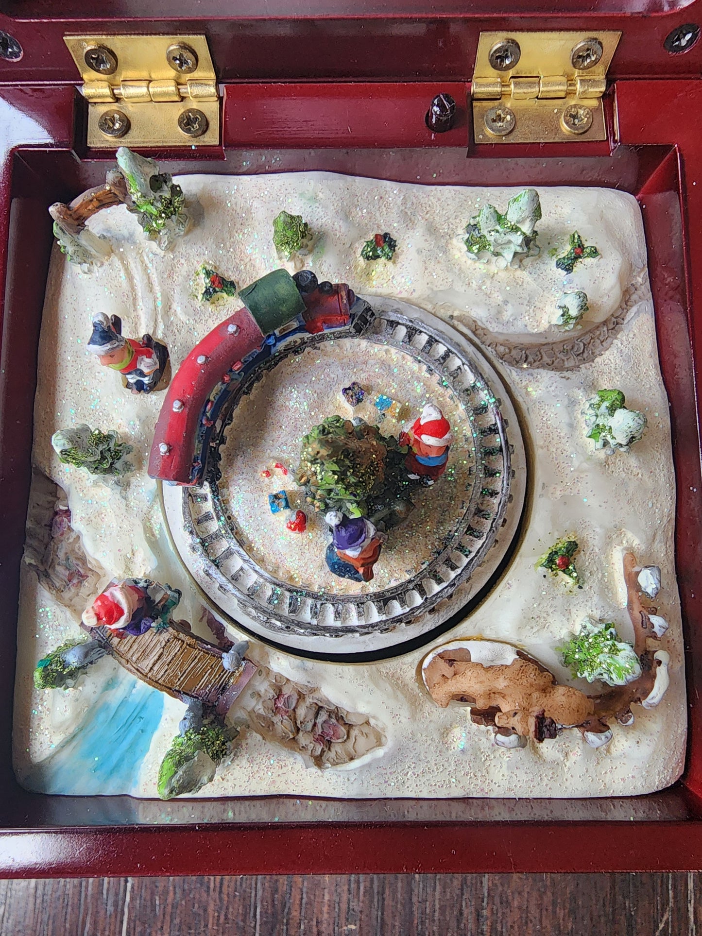 Winter Scene Train Turns Animated Music Box "We Wish You A Merry Christmas"