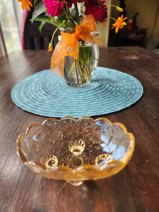 Vintage Amber Glass Candy Dish with Flower Design 5 inches wide x 2 inches tall