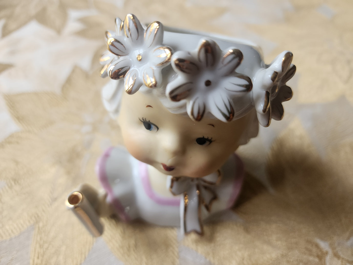 Vintage Napco Head Vase Girl with Floral Crown, Bow, Pink and White Dress 1950s