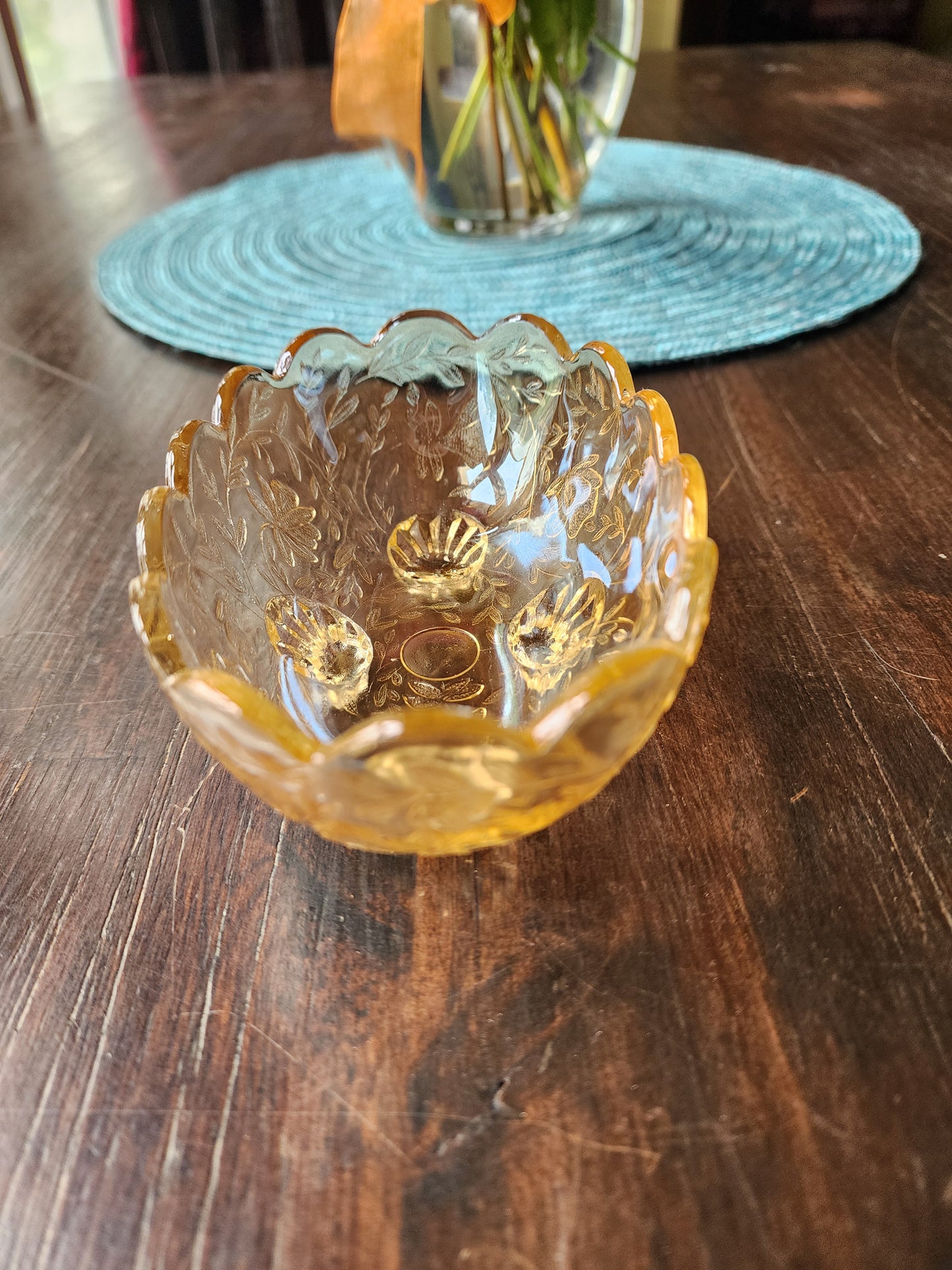 Vintage Amber Glass Candy Dish with Flower Design 5 inches wide x 2 inches tall