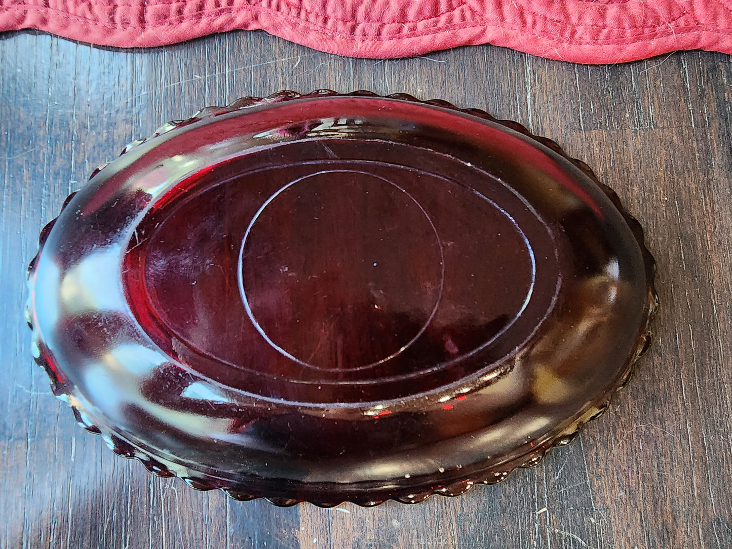 Vintage Oval Rub Red Ruffle Edge Serving Bowl Glass 8 1/2 inches