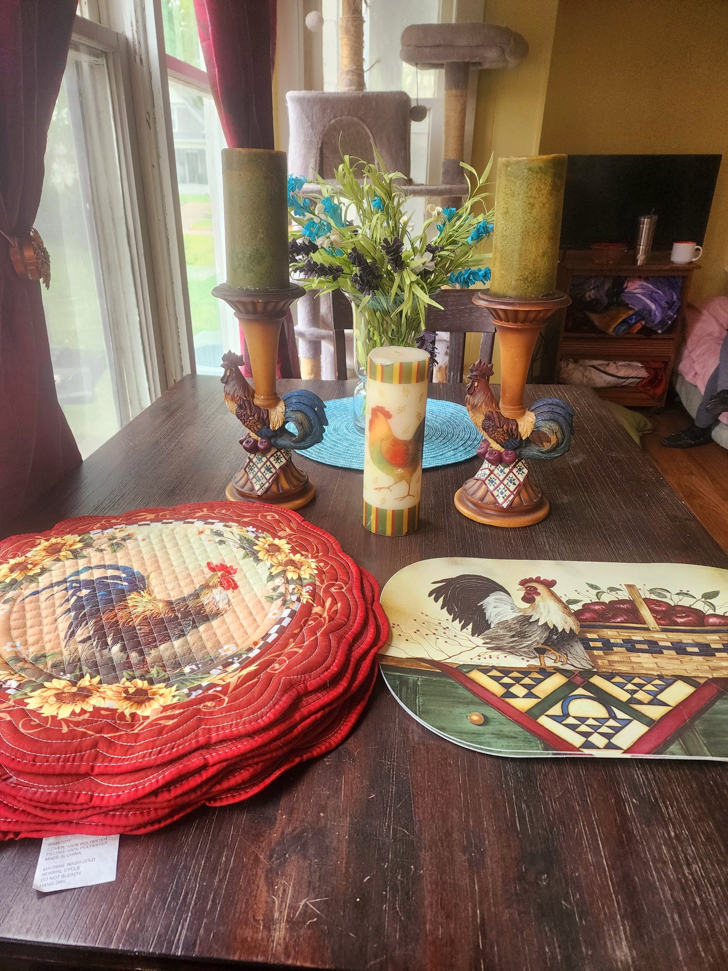 Vintage Rooster Kitchen Set - Candle Holders, 3 Candles, & Placemat Sets