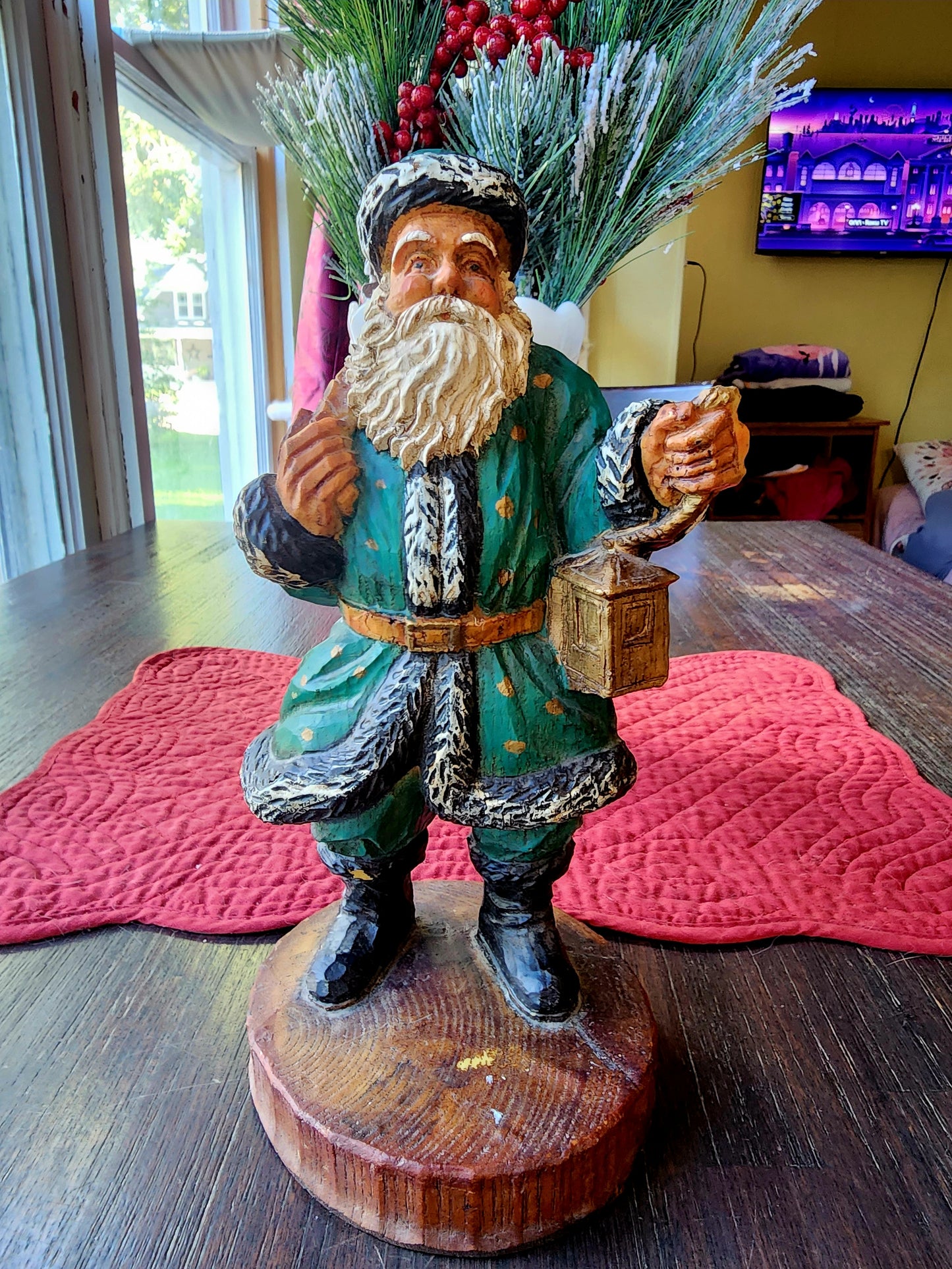 Wooden Vintage Folk Art Green Suit Santa Holding Lantern and Sack of Toys