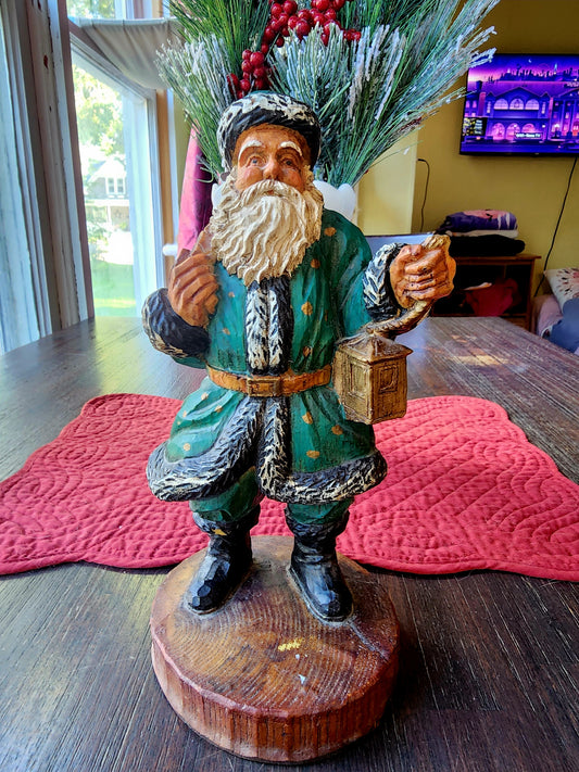 Wooden Vintage Folk Art Green Suit Santa Holding Lantern and Sack of Toys