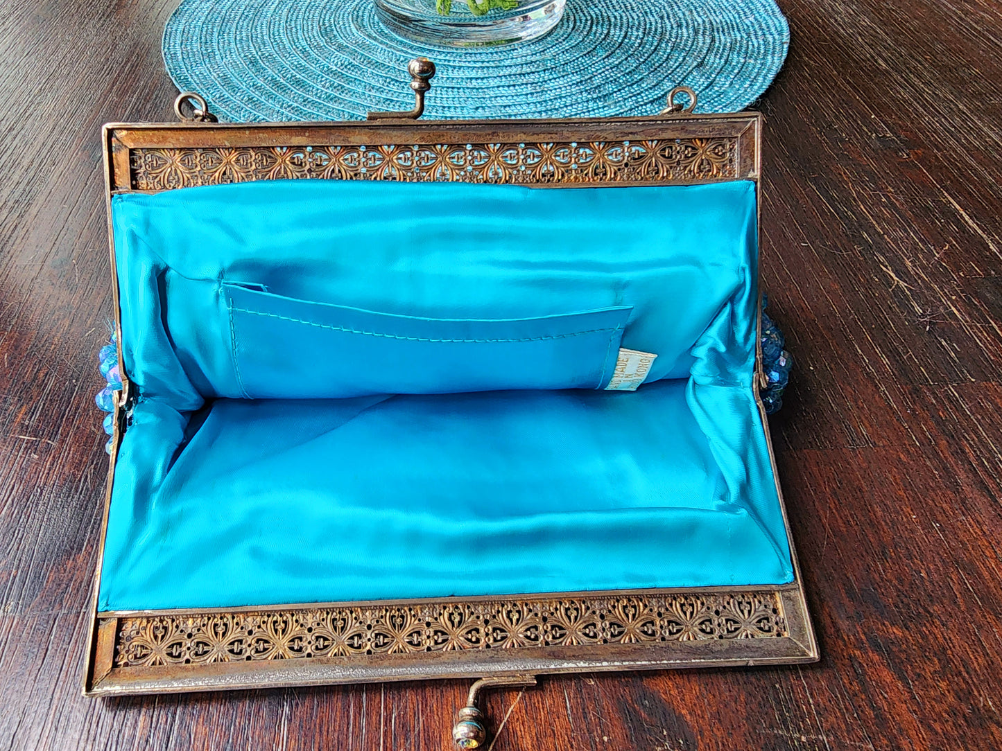 Vintage Shiny Blue Beaded Evening Purse With Silver Design and Close Clasp