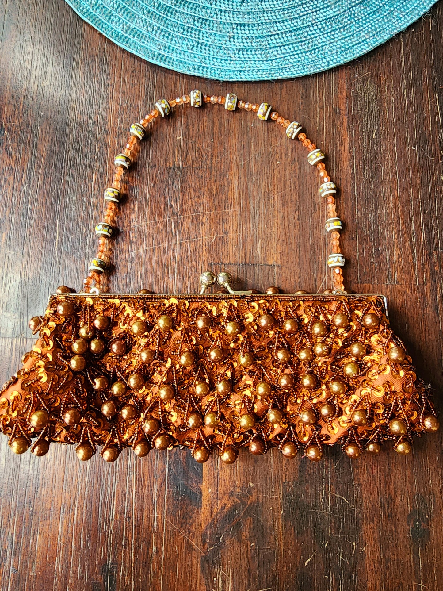 Brown Beaded Antique Purse With Close Clasp