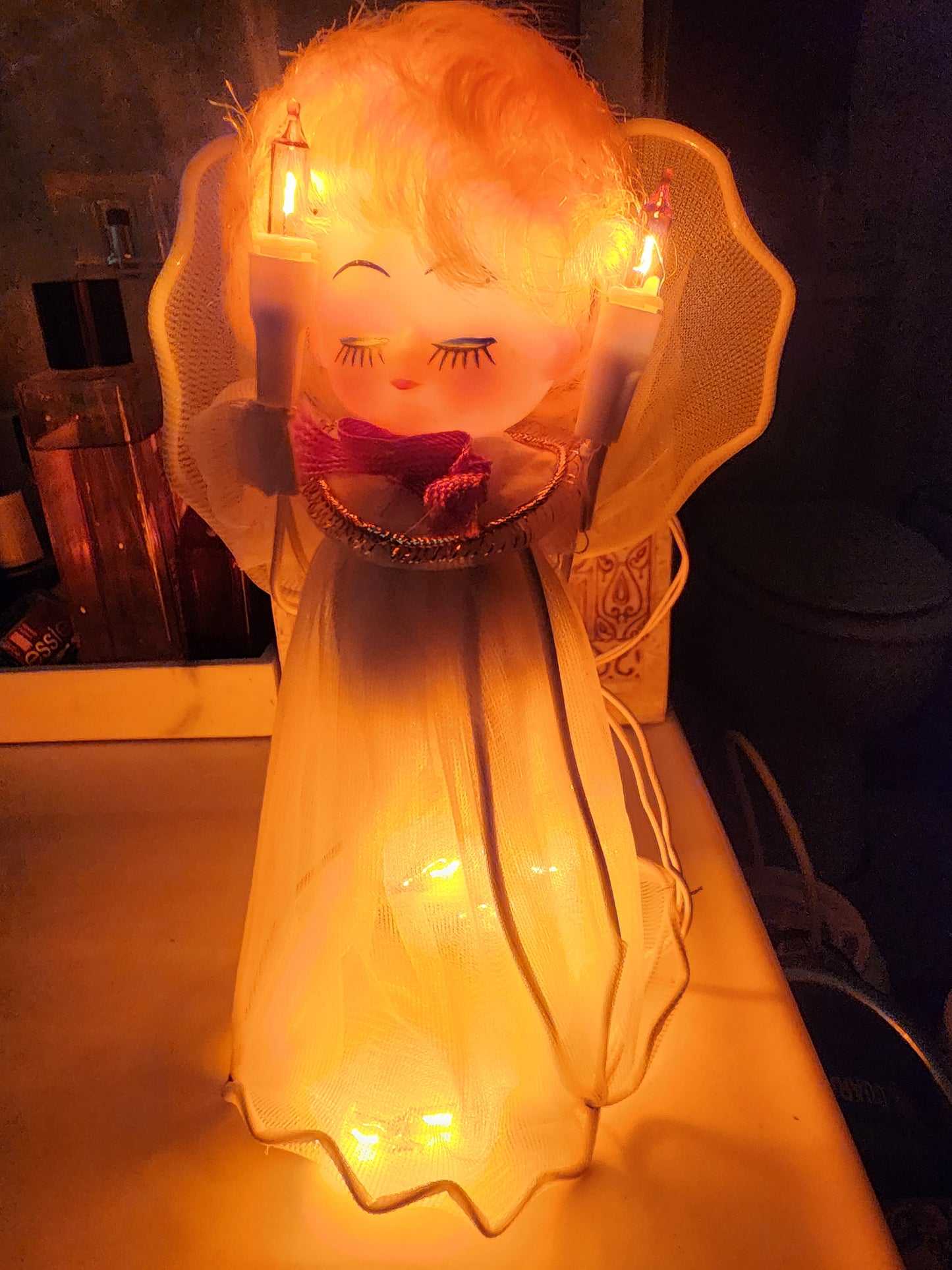 Vintage 1960s Christmas Angel Tree Topper with Blonde Curly Hair 8" Lights Up WORKS