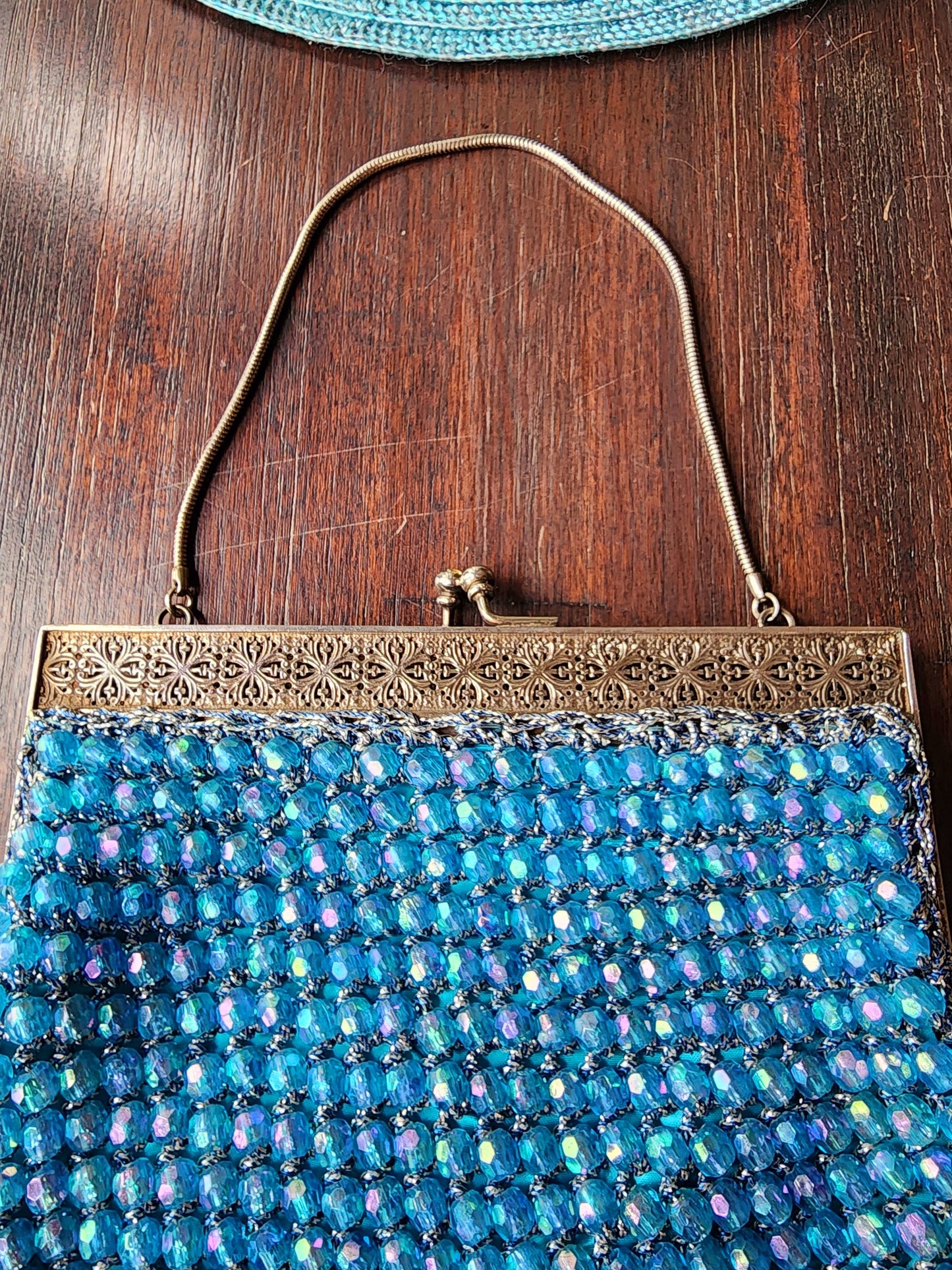 Vintage Shiny Blue Beaded Evening Purse With Silver Design and Close Clasp
