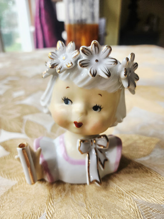 Vintage Napco Head Vase Girl with Floral Crown, Bow, Pink and White Dress 1950s