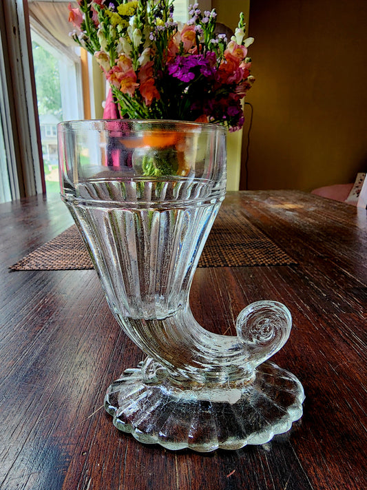 Vintage Clear Glass Jeanette Cornucopia Horn of Plenty Heavy Dessert Glass w/Gold Rim
