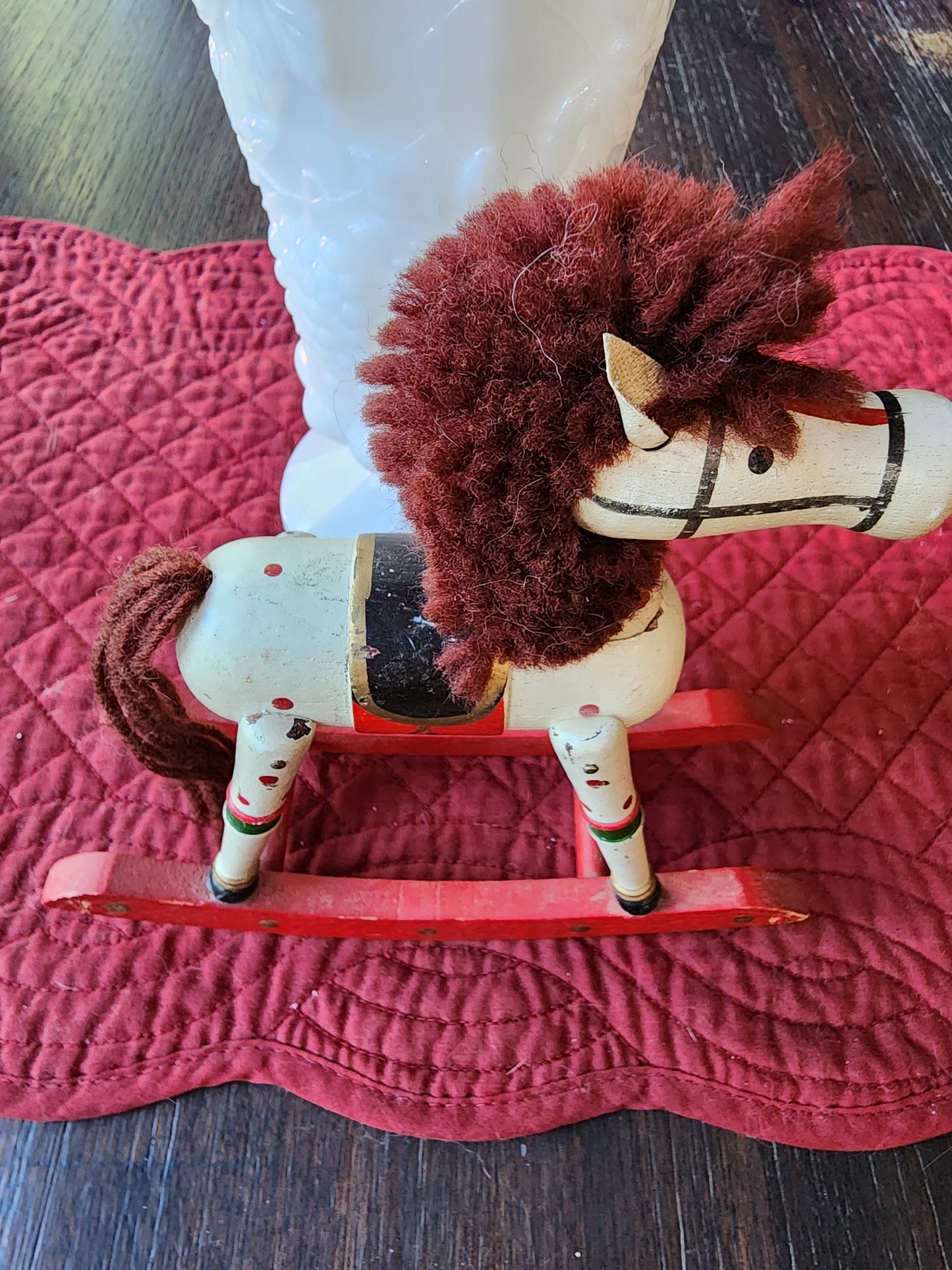 Vintage Hand Painted White Wooden Rocking Horse Christmas Decoration Figurine