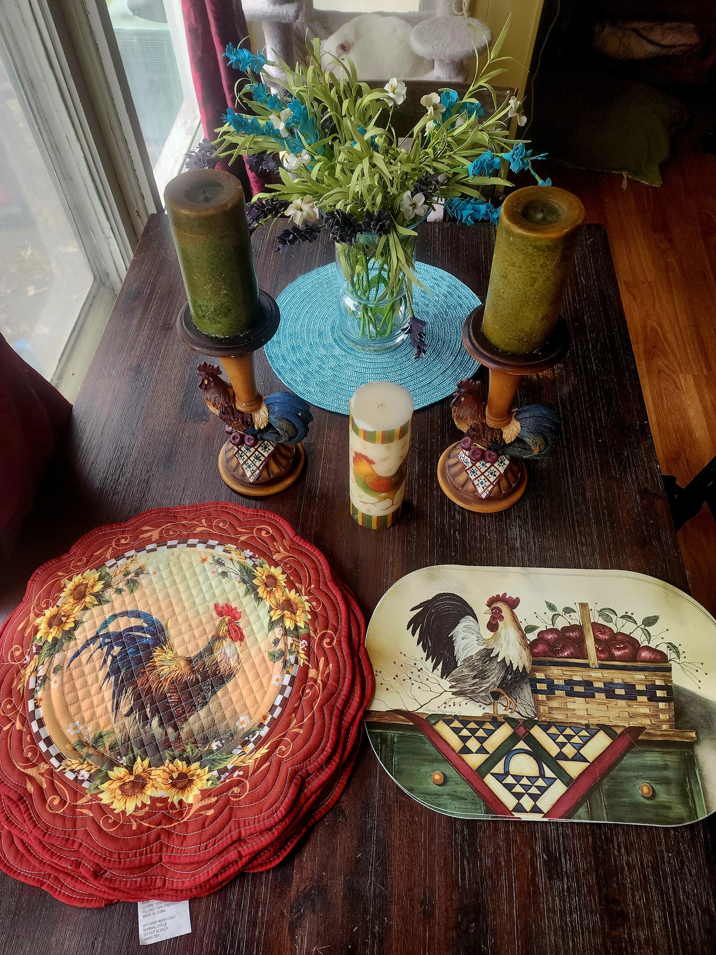 Vintage Rooster Kitchen Set - Candle Holders, 3 Candles, & Placemat Sets
