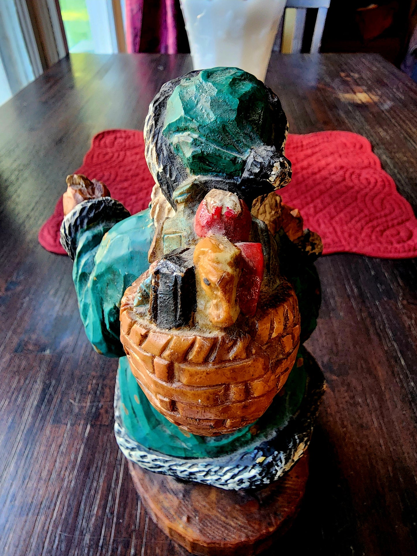 Wooden Vintage Folk Art Green Suit Santa Holding Lantern and Sack of Toys