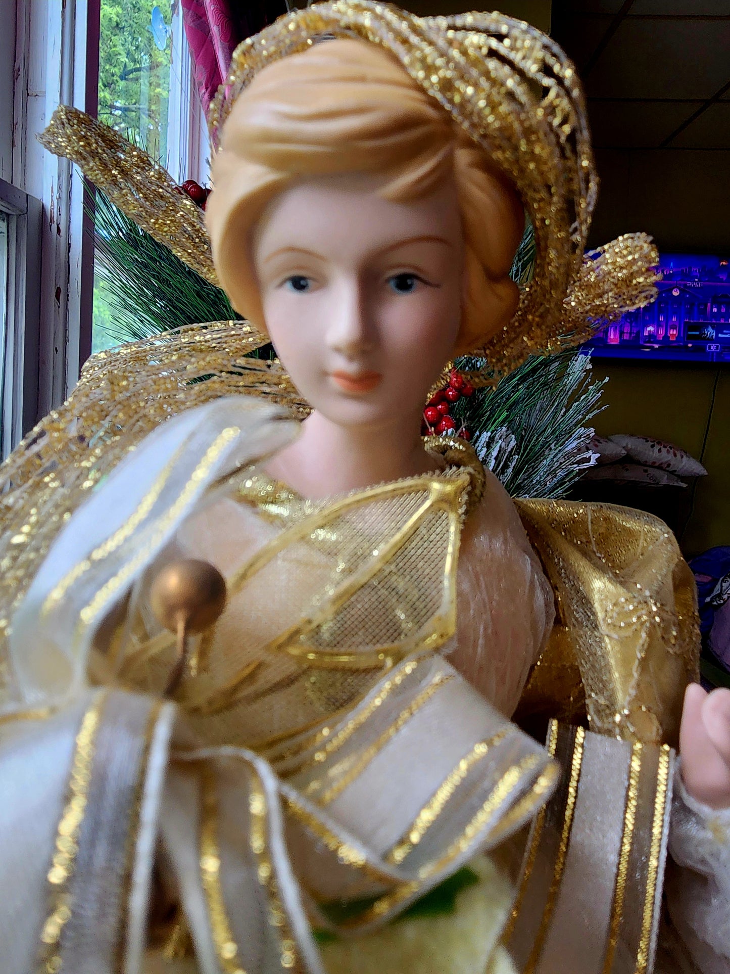 Angel Christmas Tree Topper in Gold Dress & Ribbon 16" Tall