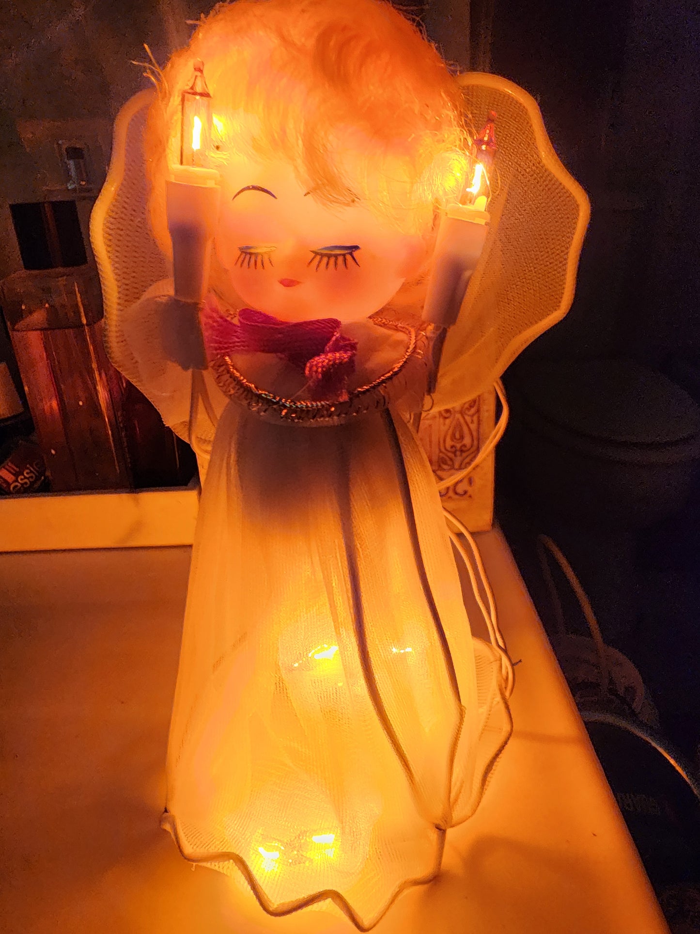 Vintage 1960s Christmas Angel Tree Topper with Blonde Curly Hair 8" Lights Up WORKS