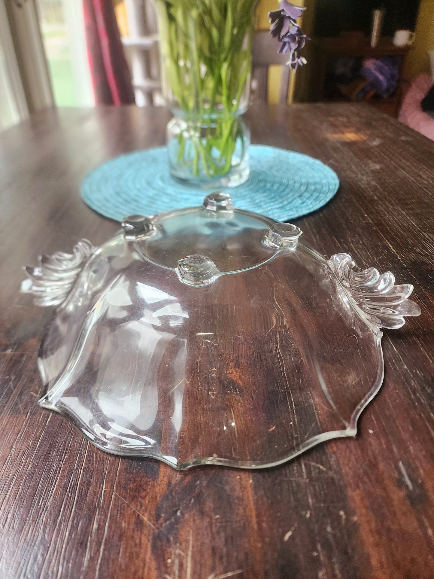 Vintage Clear Glass Serving Bowl Round Design With Flute Design On Side
