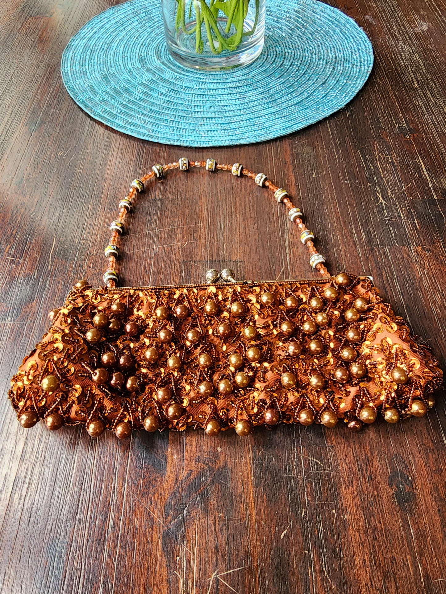 Brown Beaded Antique Purse With Close Clasp