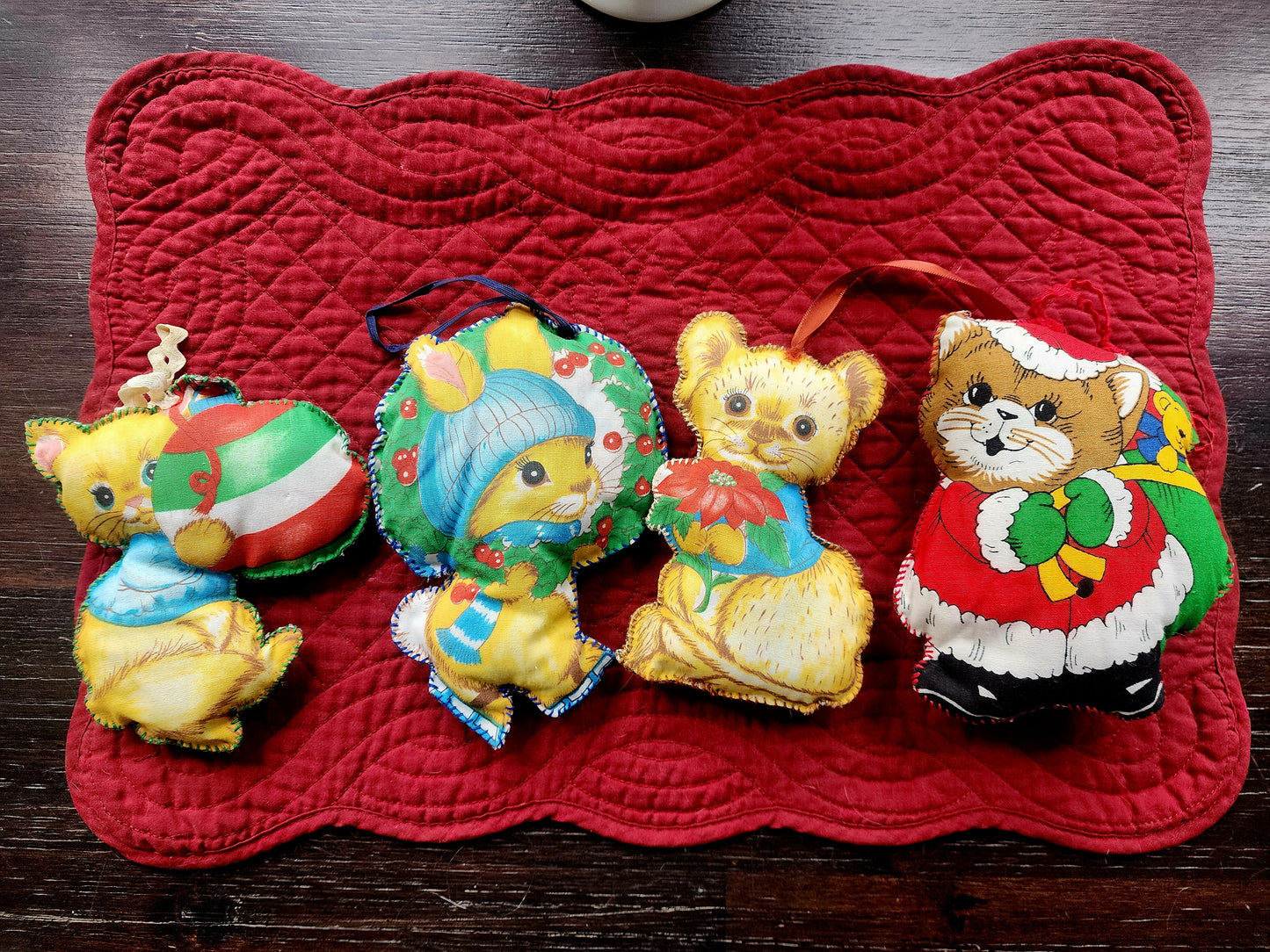 4 Vintage 1970's Fabric Handmade Stuffed Bunny & Cats Christmas Ornaments