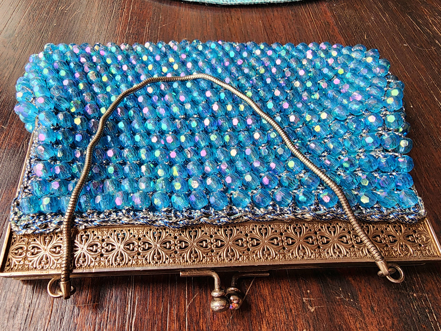 Vintage Shiny Blue Beaded Evening Purse With Silver Design and Close Clasp