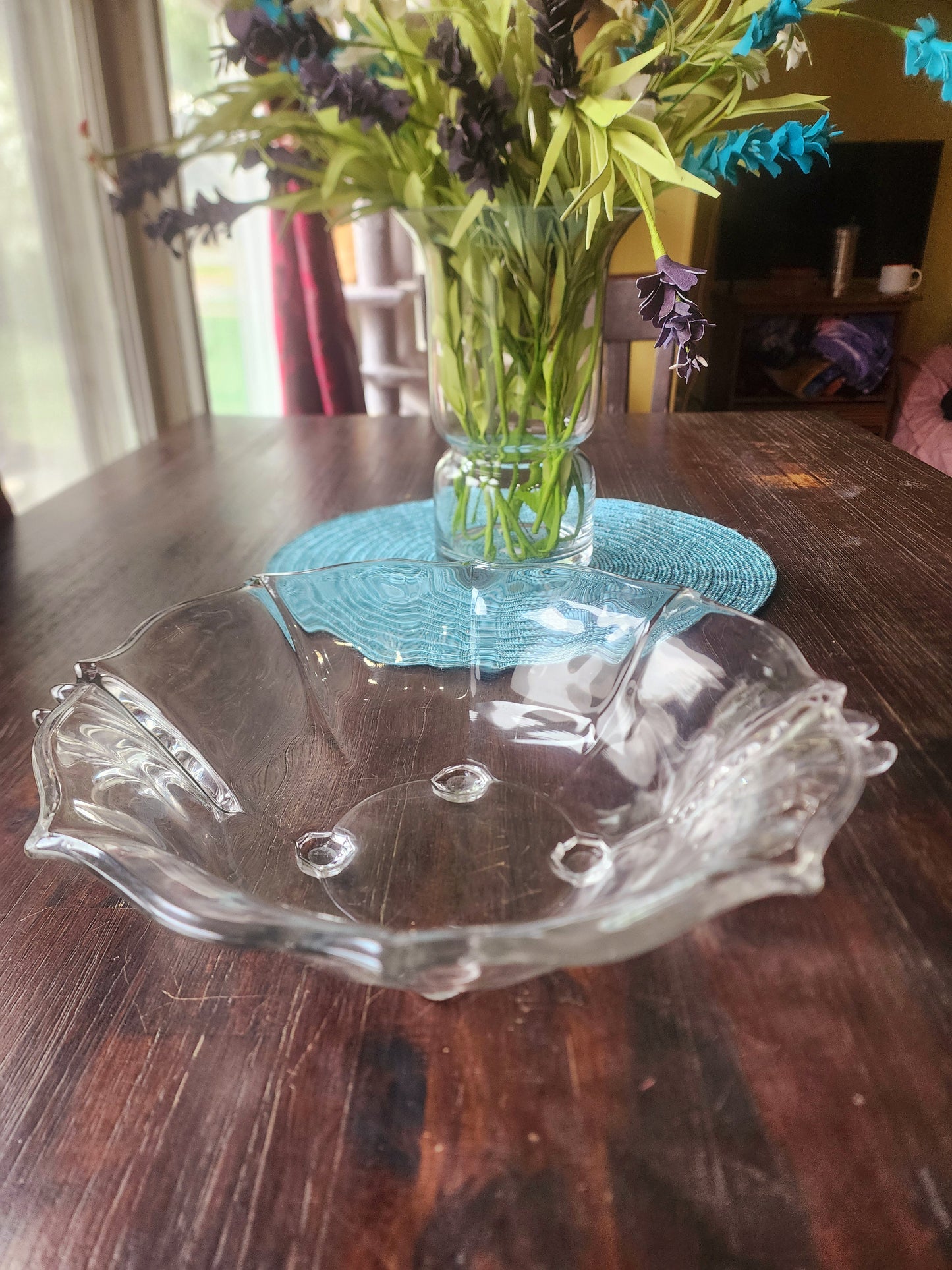 Vintage Clear Glass Serving Bowl Round Design With Flute Design On Side