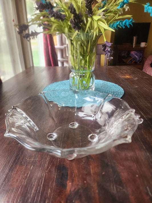 Vintage Clear Glass Serving Bowl Round Design With Flute Design On Side