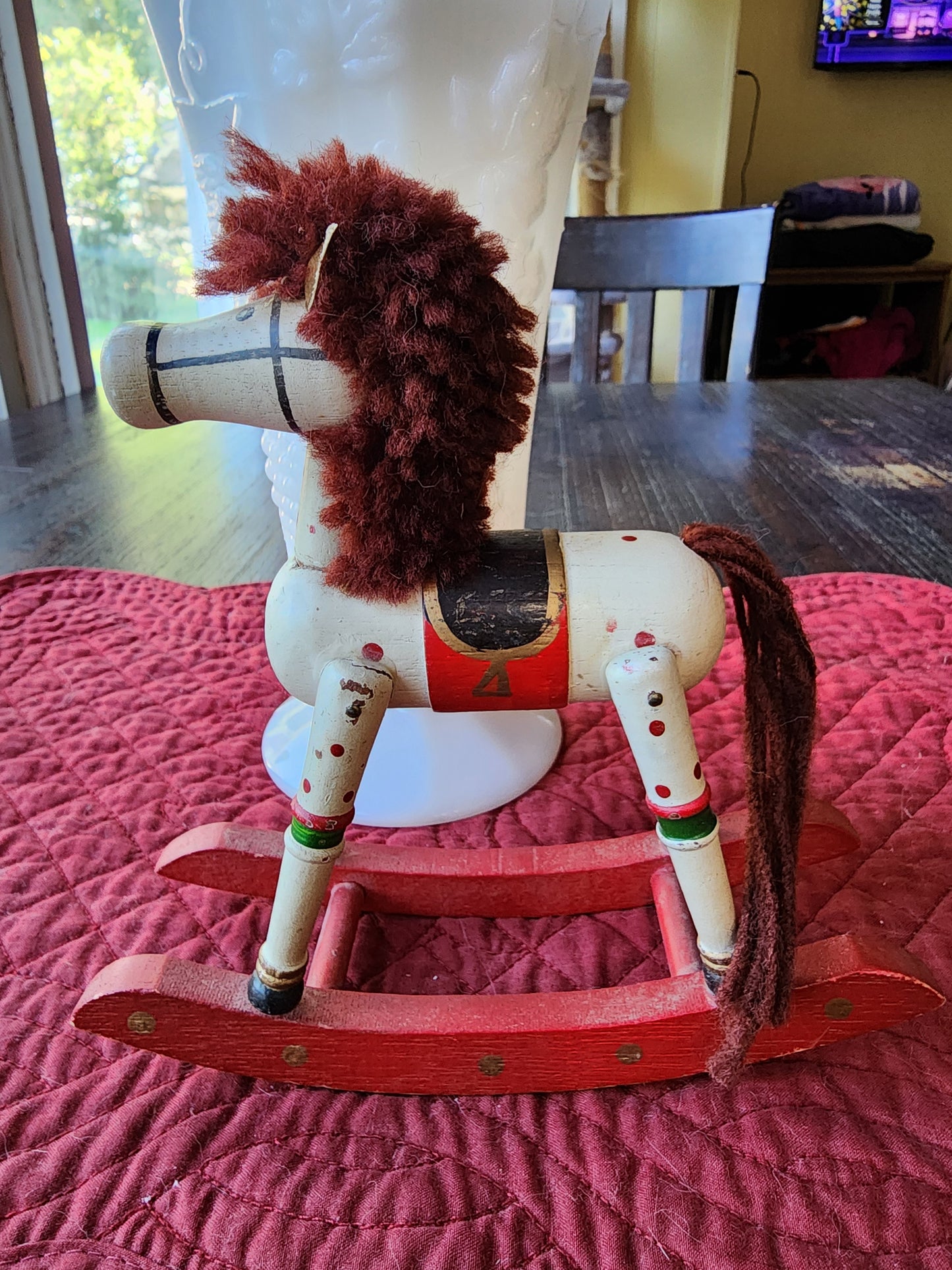 Vintage Hand Painted White Wooden Rocking Horse Christmas Decoration Figurine