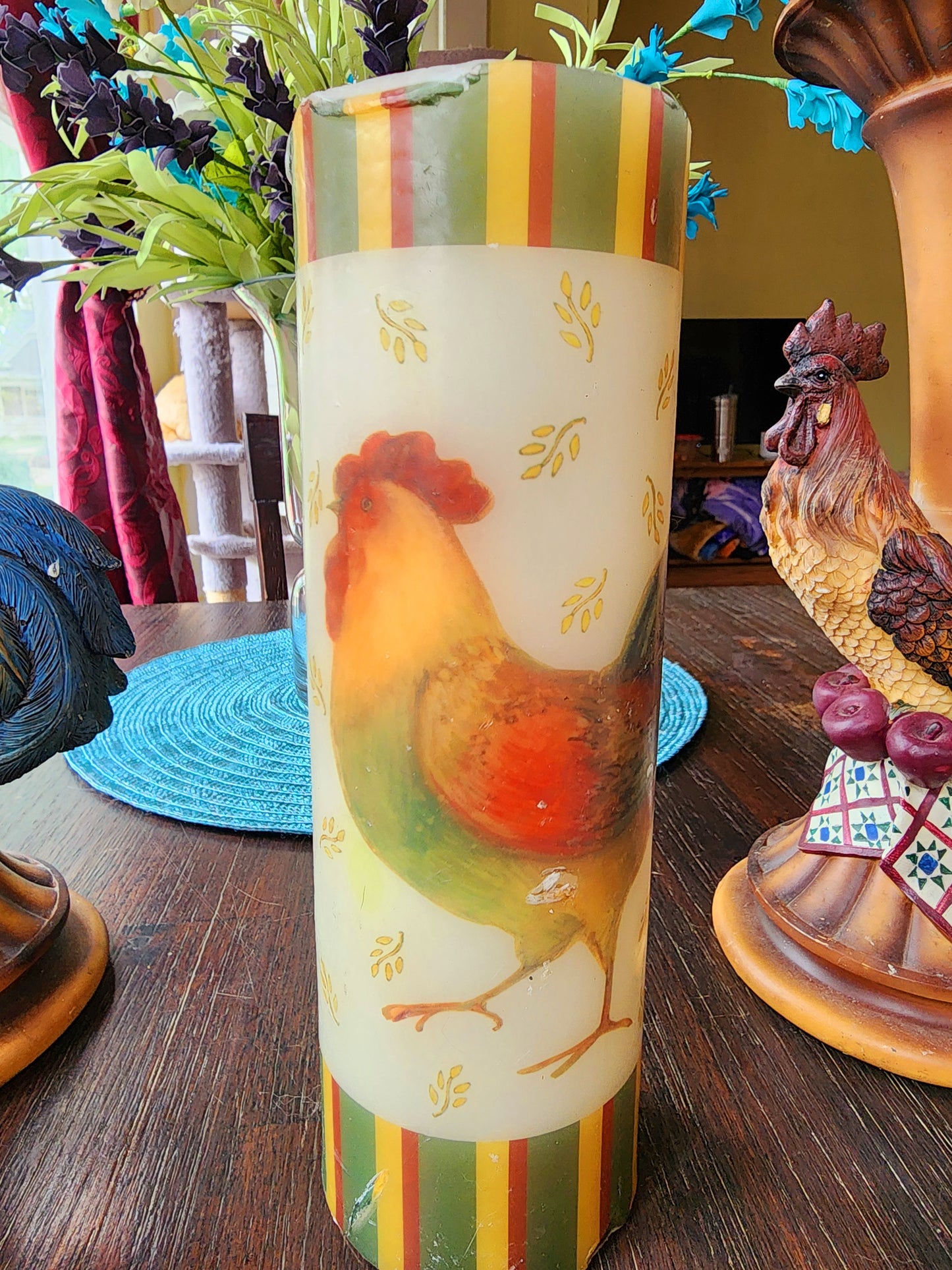 Vintage Rooster Kitchen Set - Candle Holders, 3 Candles, & Placemat Sets