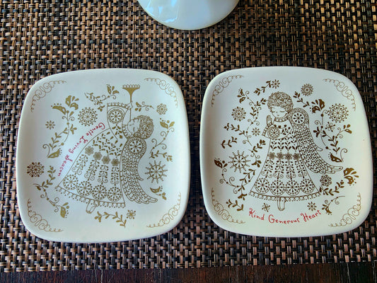 2 Hallmark Decorative Square Plates with Gold Angel Design "Kind Generous Heart" and "Gentle Loving Season"