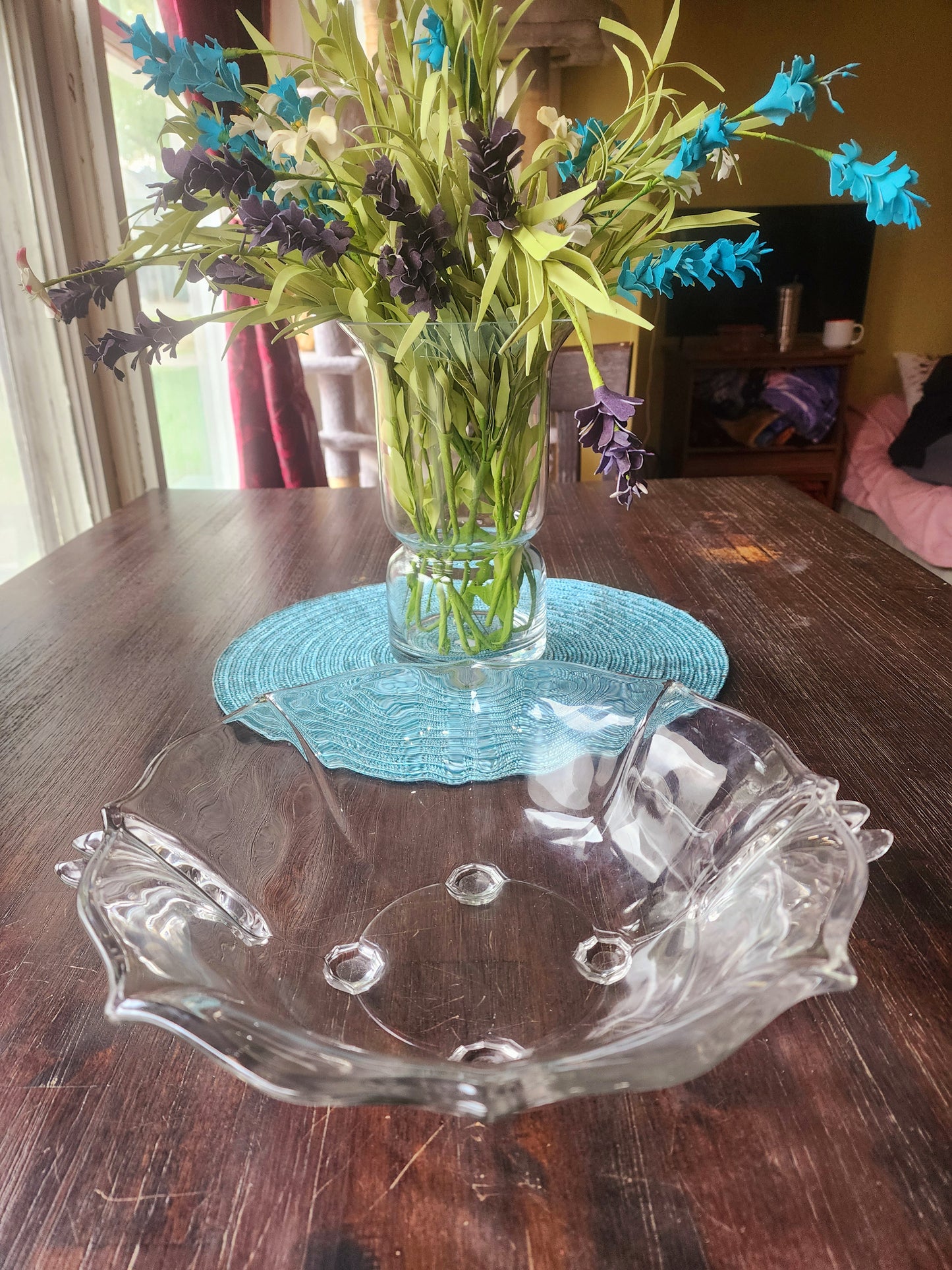 Vintage Clear Glass Serving Bowl Round Design With Flute Design On Side