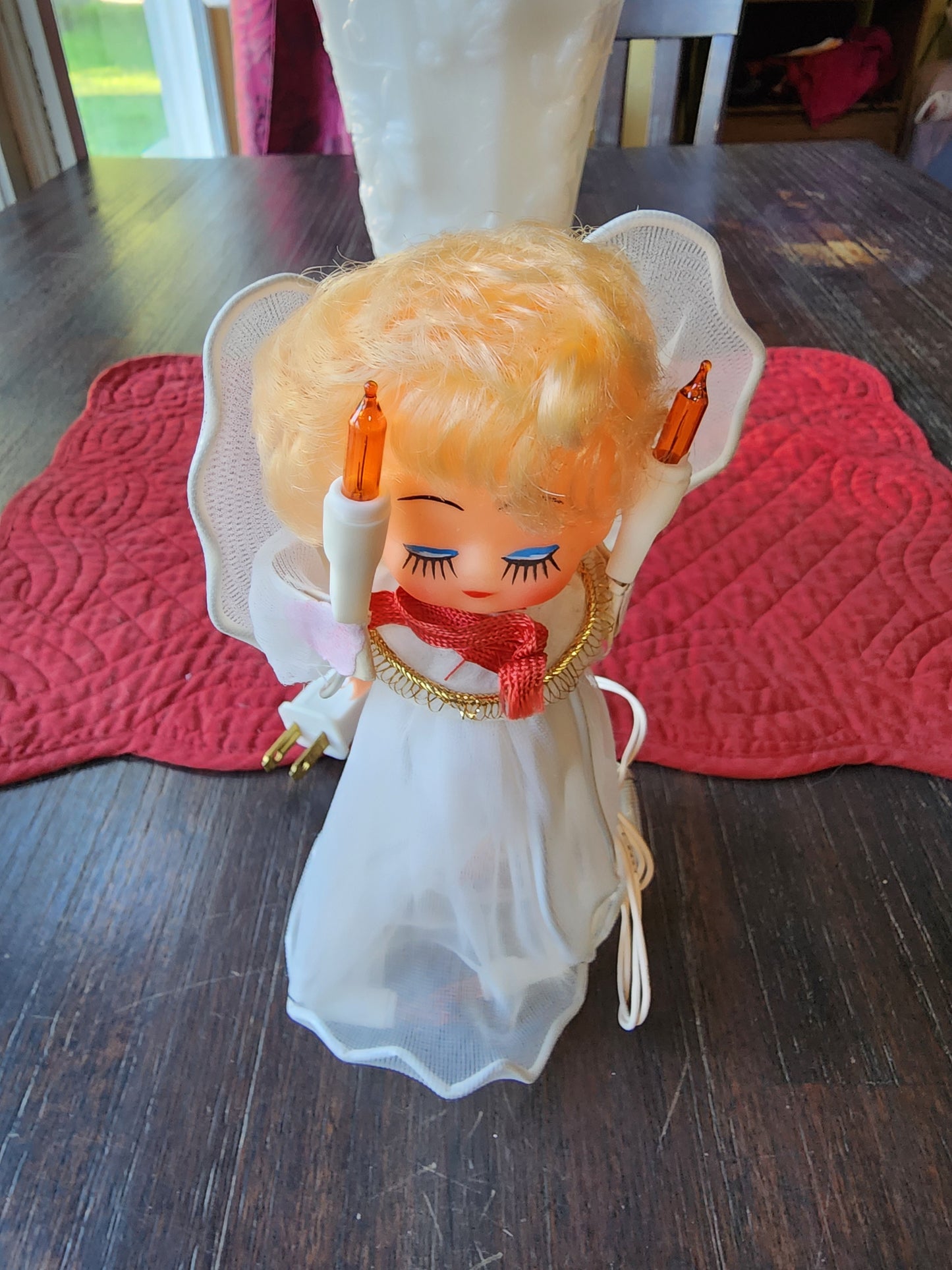 Vintage 1960s Christmas Angel Tree Topper with Blonde Curly Hair 8" Lights Up WORKS