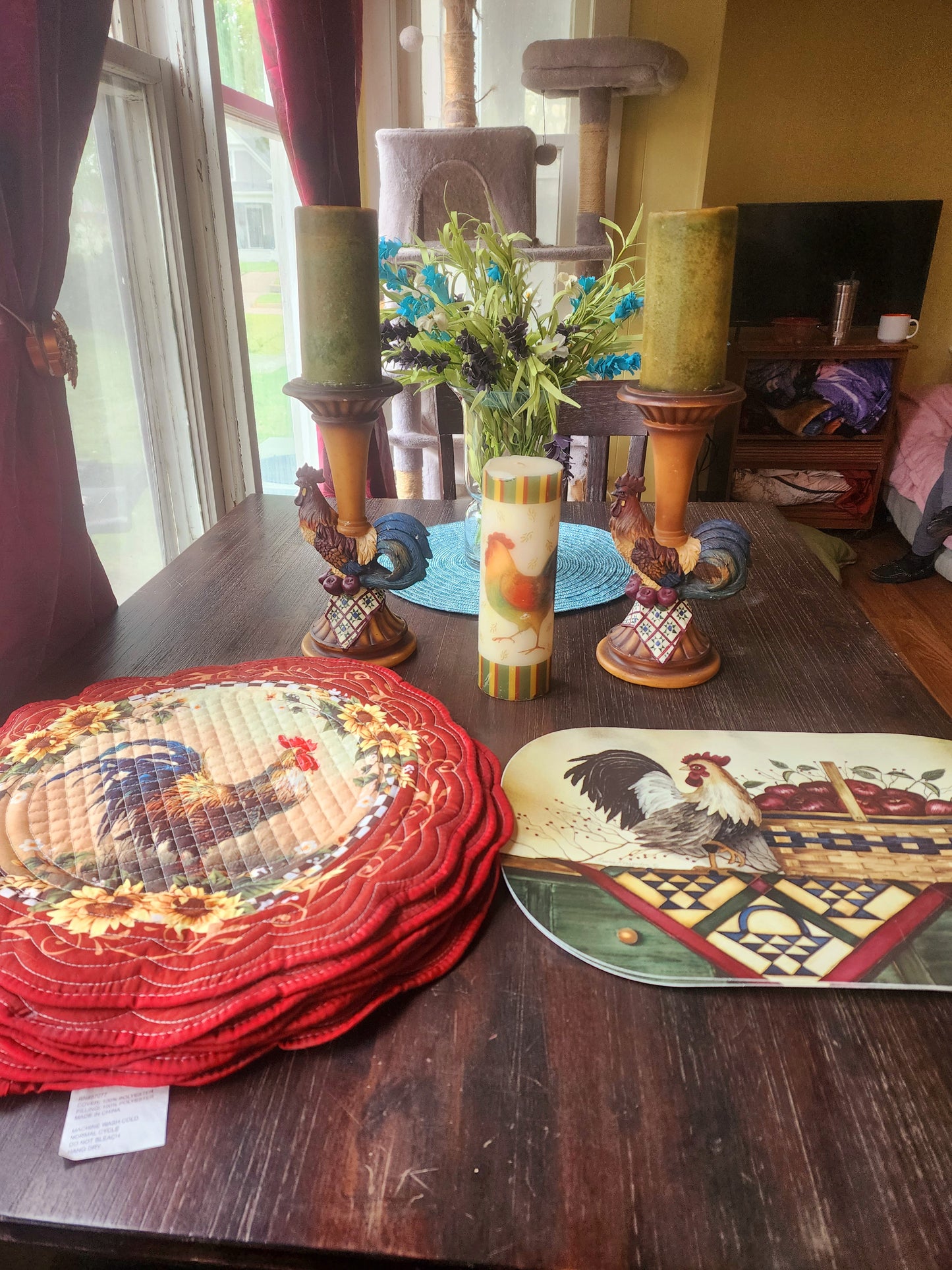 Vintage Rooster Kitchen Set - Candle Holders, 3 Candles, & Placemat Sets