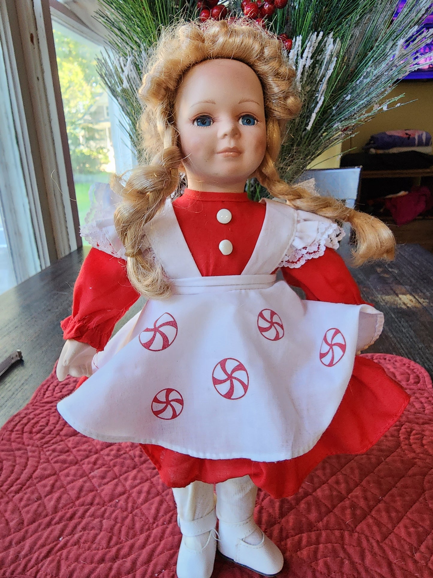 Elk Grove Village Christmas Peppermint Dress Blonde Hair Blue Eyes Doll