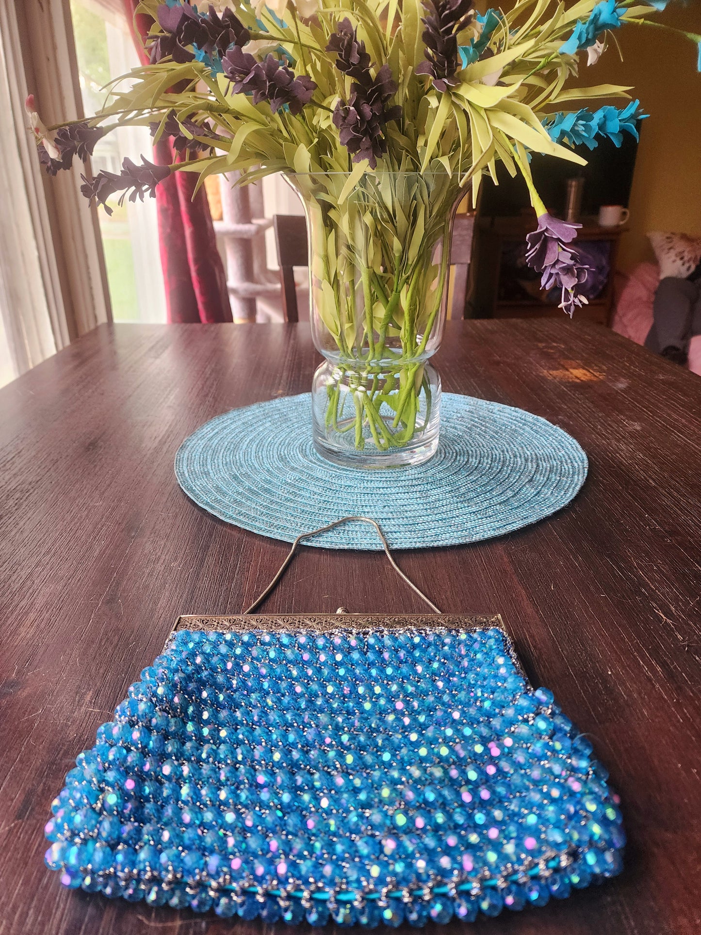 Vintage Shiny Blue Beaded Evening Purse With Silver Design and Close Clasp
