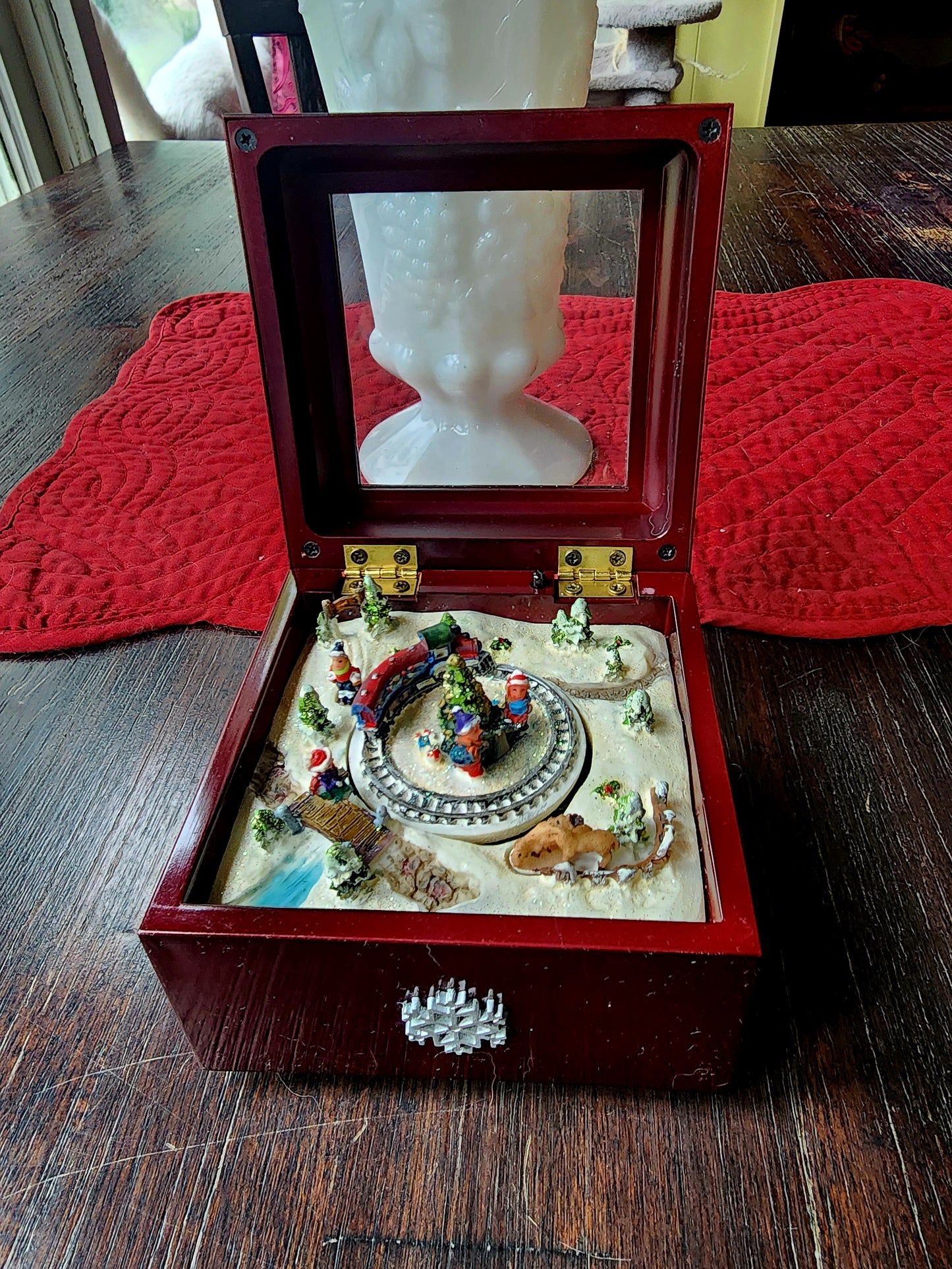Winter Scene Train Turns Animated Music Box "We Wish You A Merry Christmas"