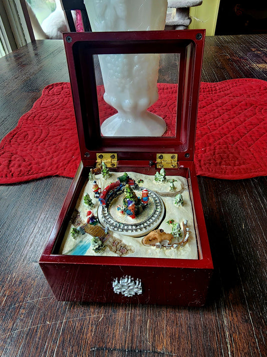 Winter Scene Train Turns Animated Music Box "We Wish You A Merry Christmas"