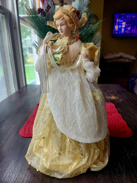 Angel Christmas Tree Topper in Gold Dress & Ribbon 16" Tall