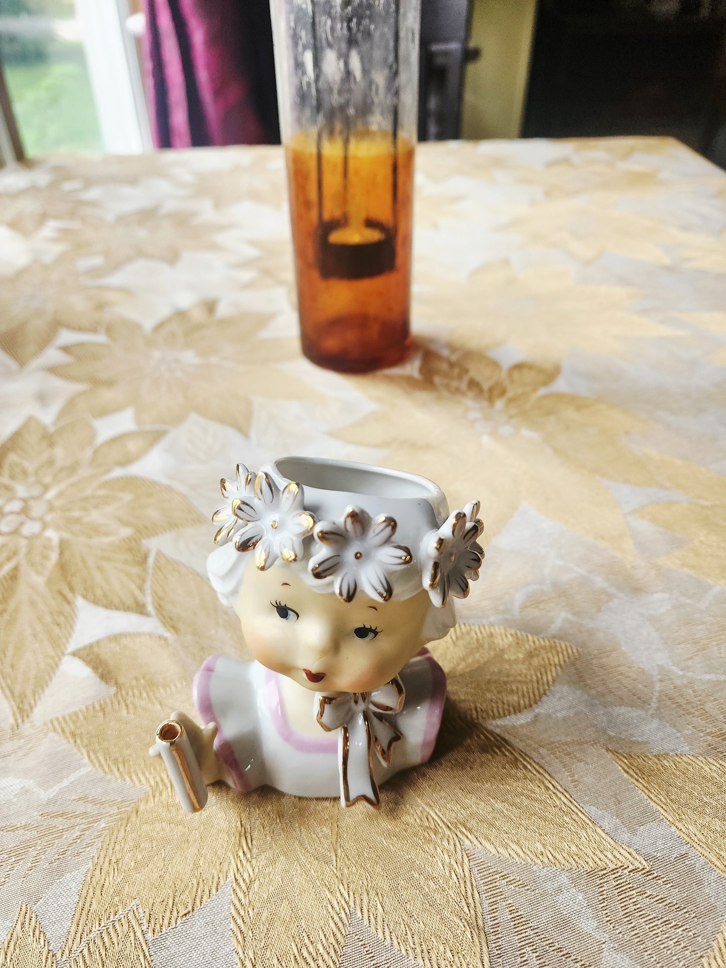 Vintage Napco Head Vase Girl with Floral Crown, Bow, Pink and White Dress 1950s