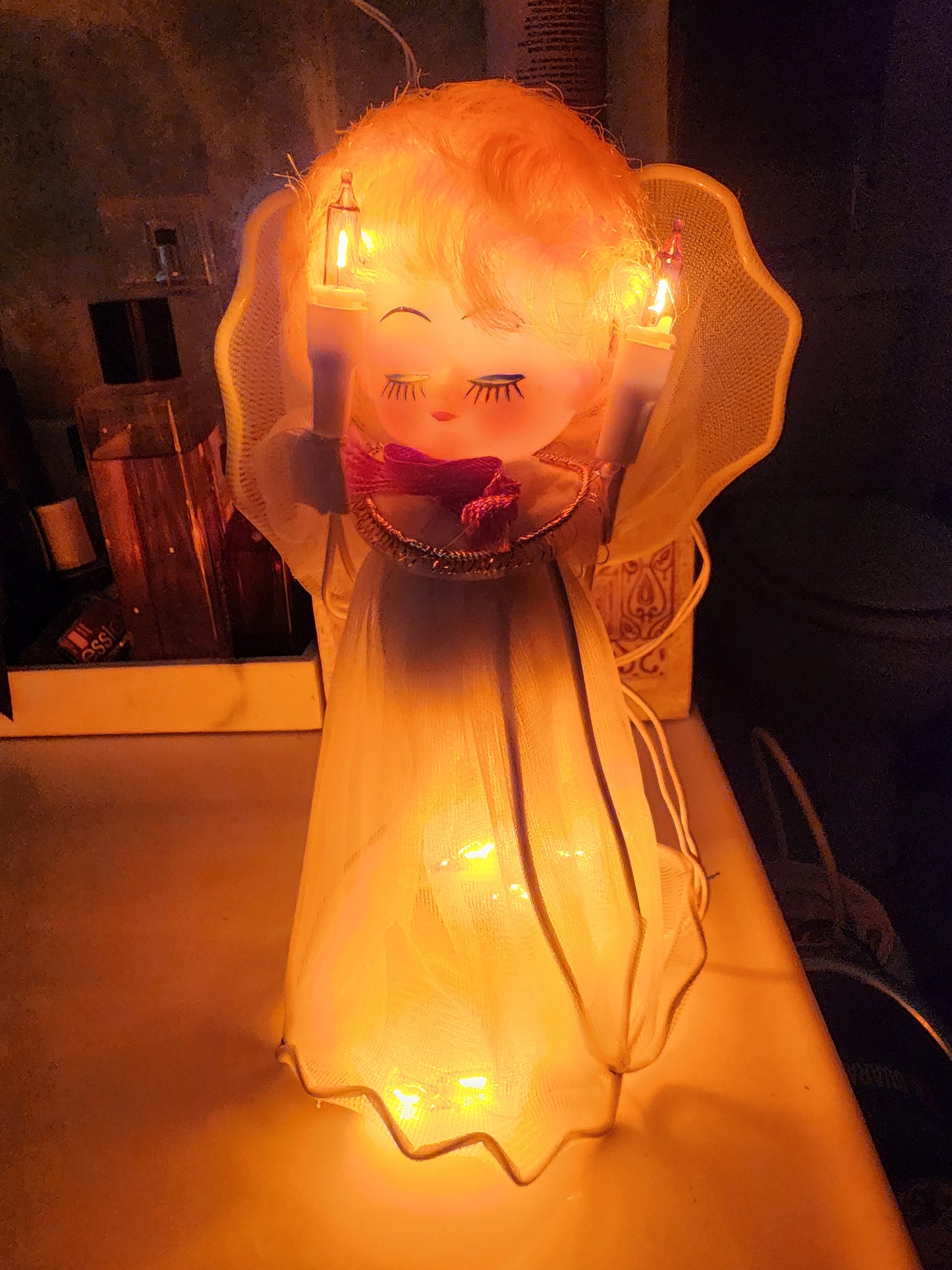 Vintage 1960s Christmas Angel Tree Topper with Blonde Curly Hair 8" Lights Up WORKS