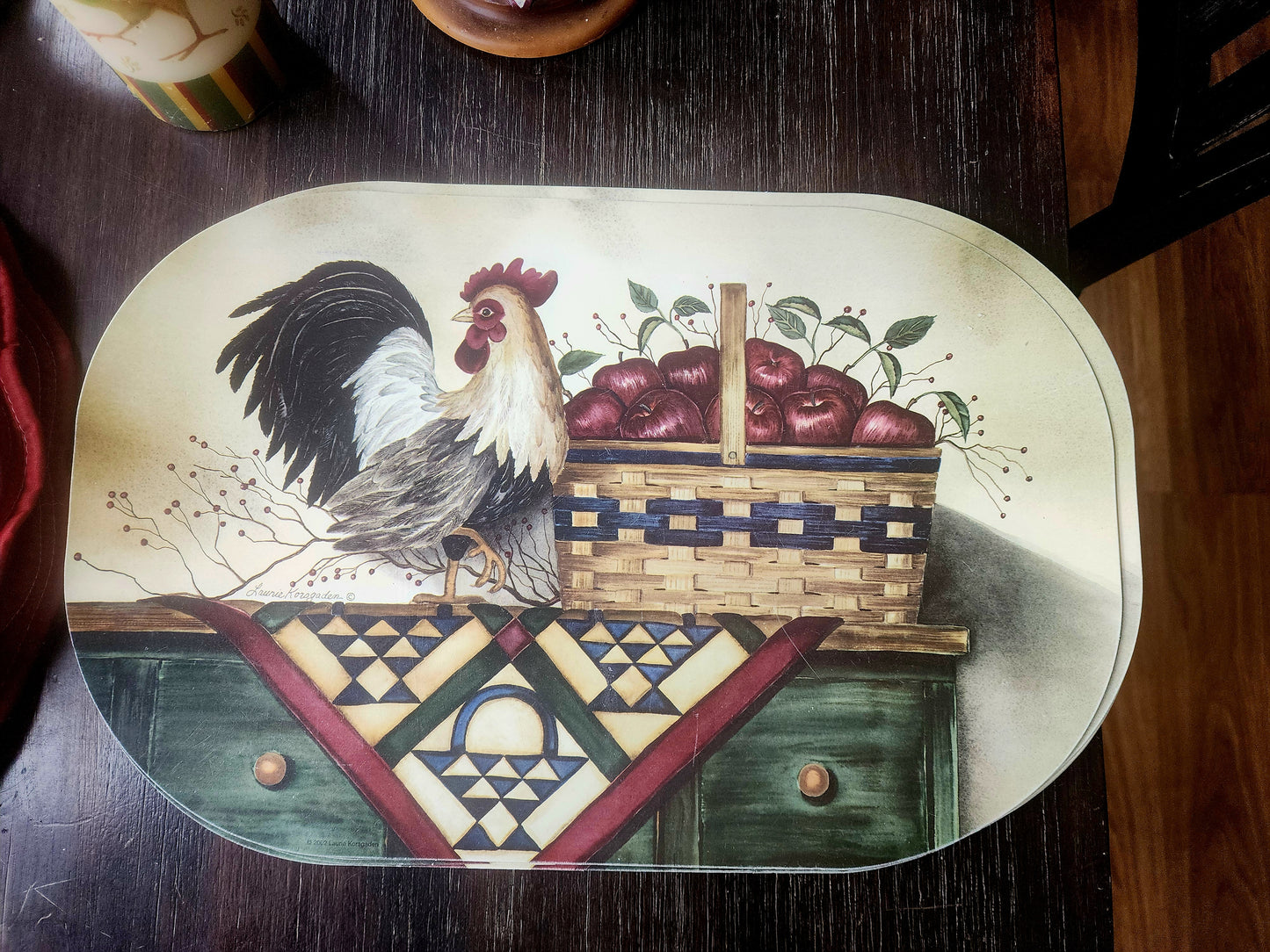 Vintage Rooster Kitchen Set - Candle Holders, 3 Candles, & Placemat Sets