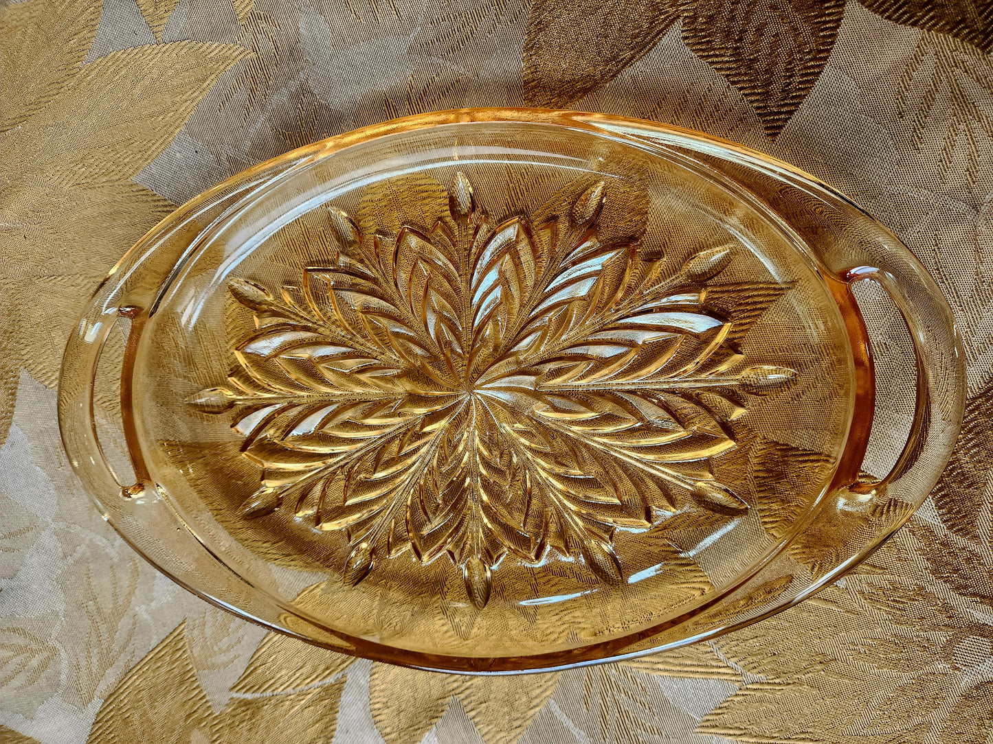 Vintage Amber Pressed Oval Glass Relish Tray Snowflake Embossed Pattern 10" x 6"