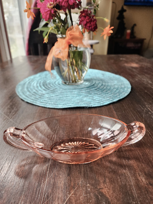 Vintage Small Pink Depression Glass Candy Dish or Nut Bowl w/ Handles, 8"