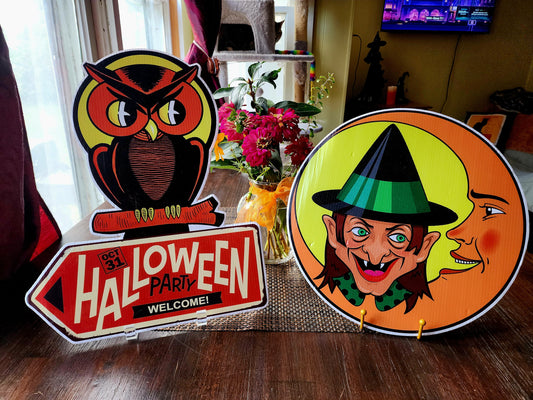 Vintage Halloween Die-Cut Cardboard Signs (2) - Scary Owl & Witch/Moon